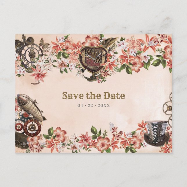 Carte Postale Floral Steampunk Mariage Enregistrer la date (Devant)