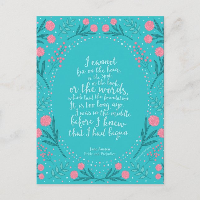 Carte Postale Floral turquoise et rose Jane Austen Fierté et pré (Devant)