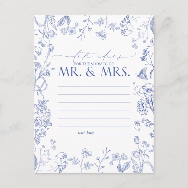 Carte Postale Floral Victorien Bleu & Blanc Français Idées Date (Devant)