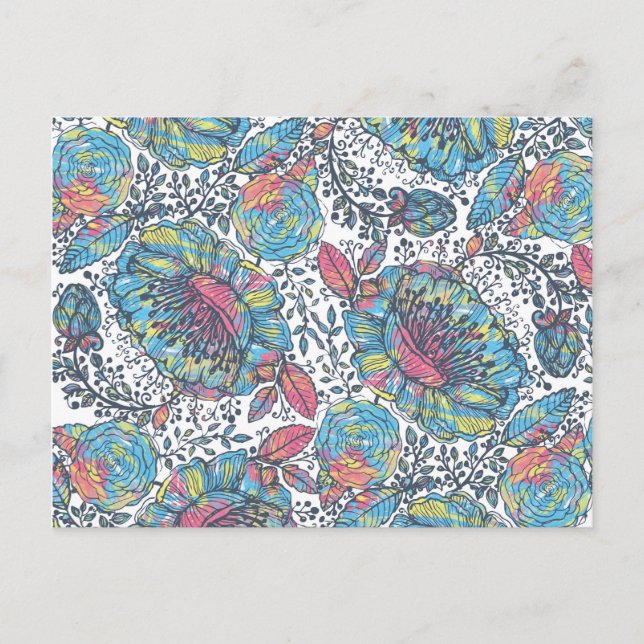 Carte Postale Floral Vintage bleu jaune Aquarelle moderne (Devant)