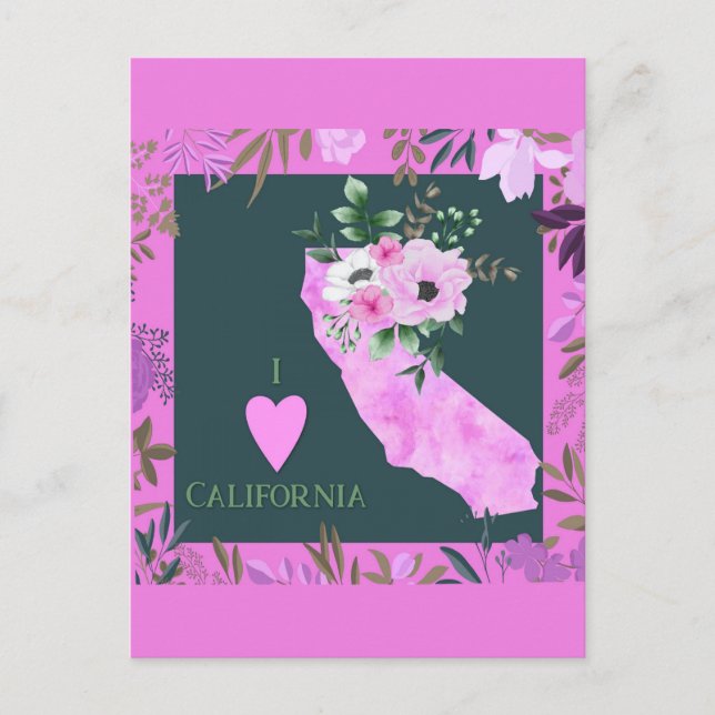 Carte Postale Floral violet I Love California State Map (Devant)