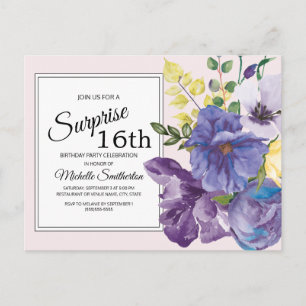 Carte Postale Florale d'aquarelle violette au 16e anniversaire r