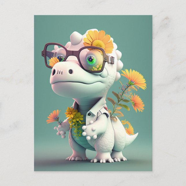 Carte postale florale du docteur dinosaure mignon (Devant)