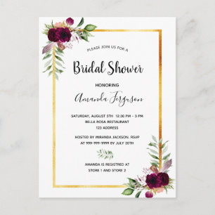 Carte Postale Floraux Bourgogne or verdure boho douche nuptiale
