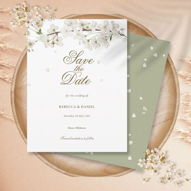 Carte Postale Flore de fleurs blanches Sauvez la date (White Blossom Greenery Floral Save the Date Postcard)