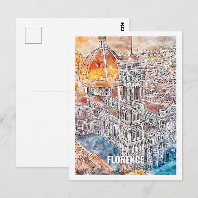Carte Postale Florence Italie Travel Place Aquarelle (Devant / Derrière)