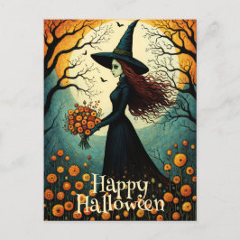 Carte Postale Flower sorcier Fille Forêt de nuit Halloween heure