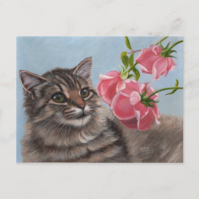 Carte Postale Fluffy Cat et 3 Roses roses (Devant)