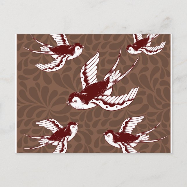 Carte Postale Flying Birds on Brown Damask Pattern (Devant)