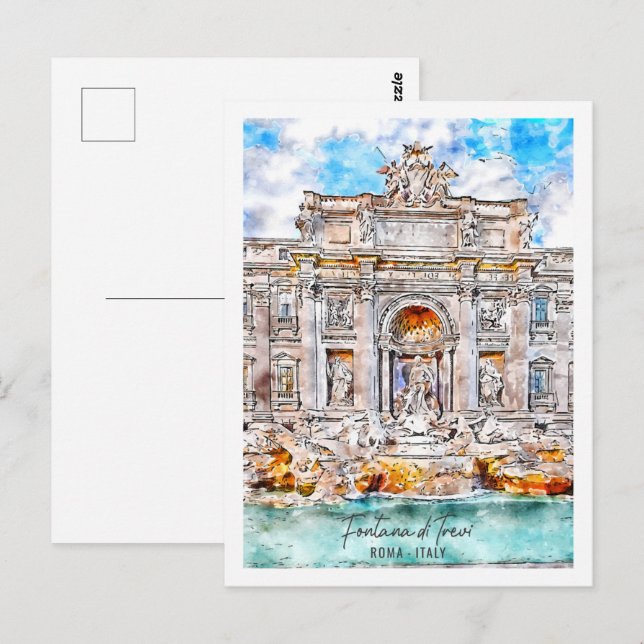 Carte Postale Fontana di Trevi Roma Travel Place Aquarelle (Devant / Derrière)