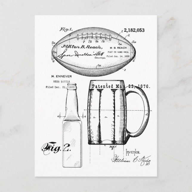 Carte Postale Football & Beer Mug, Bouteille, Bleu Brevet (Devant)