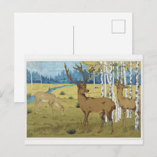 Carte Postale Forêt aux cerfs Art nouveau Maurice Verneuil Art