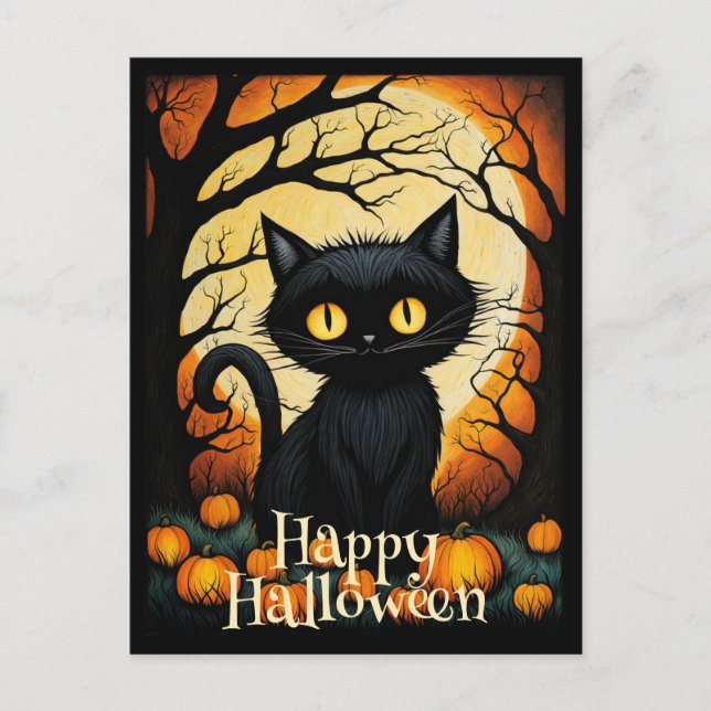 Carte Postale Forêt Citrouille de chats noirs Halloween heureux (Devant)