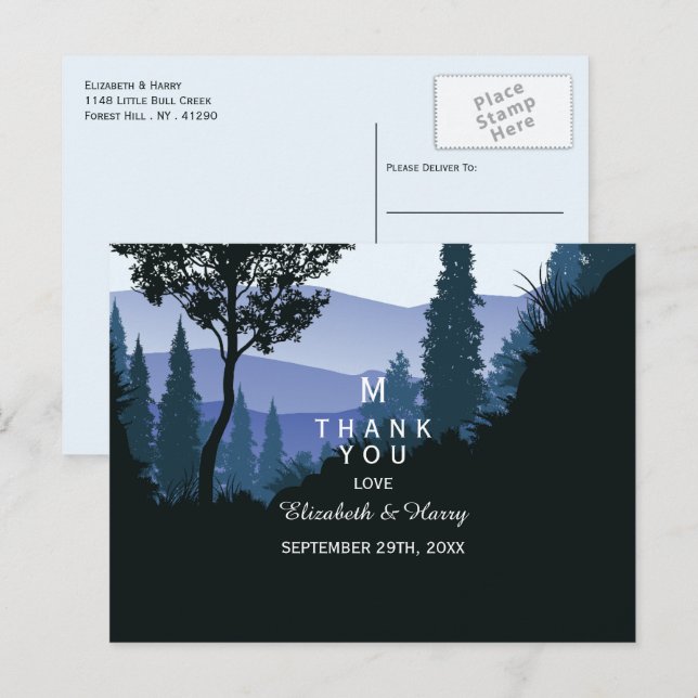 Carte Postale Forêt de bois bleu, Merci Mariage rustique (Devant / Derrière)