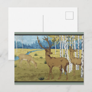 Carte Postale Forêt de cerfs Art nouveau Maurice Verneuil Art