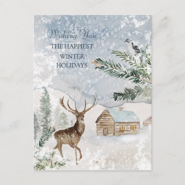 Carte Postale Forêt de Noël Magique Cerf Oiseau (Devant)