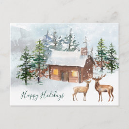 Carte Postale Forêt d'hiver, cerf, cabine de bois Noël
