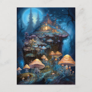 Carte Postale Forêt enchantée Champignons Château Imaginaire Art
