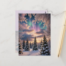 Carte Postale Forêt hivernale neige, cristaux de glace, aurores