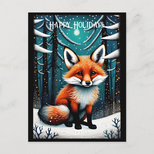 Carte Postale Forêt neigeuse mignonne Fox Noël vacances (Devant)