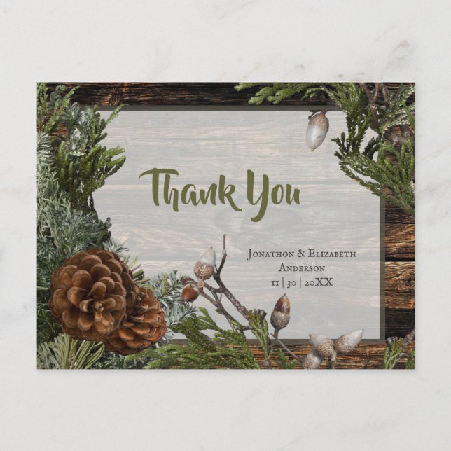 Carte Postale Forêt rustique Mariage Bois foncé Bouton À feuilla (Devant)