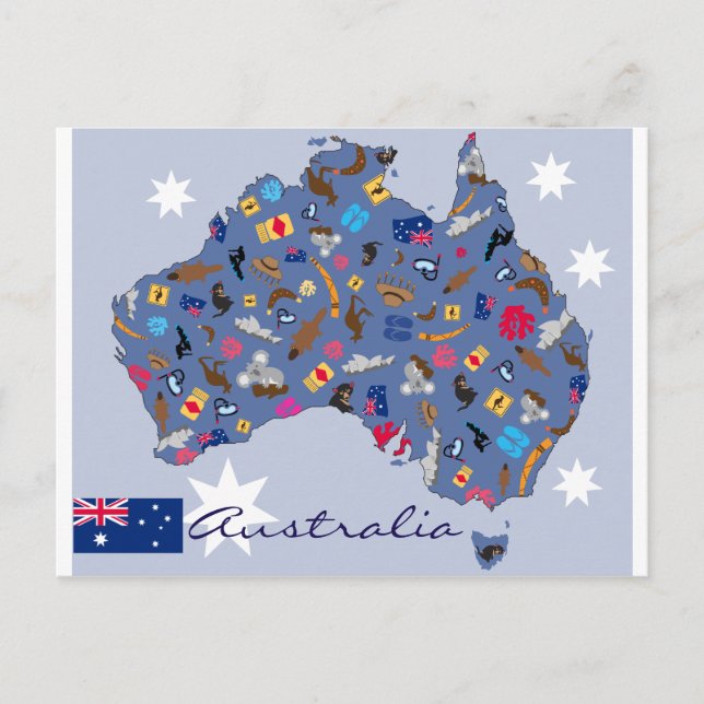 Carte Postale Forme du pays Australie avec des icônes (Devant)