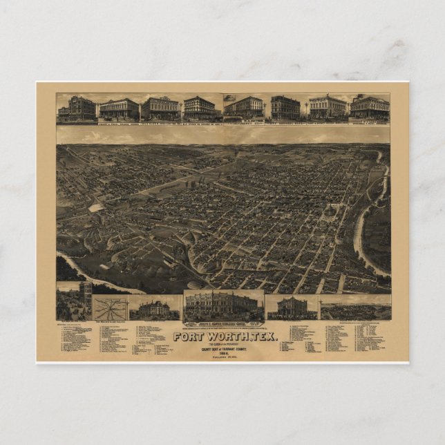 Carte Postale Fort Worth, Texas Birds Eye View 1886 (Devant)