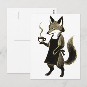 Carte Postale Fox Barista – Temps du café au pinceau à encre min