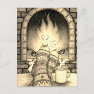 Carte Postale Foyer de souris sur chaussettes Sepia