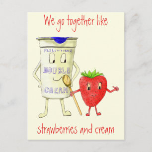 Carte Postale Fraise et crème amusante Cartoon d'amour