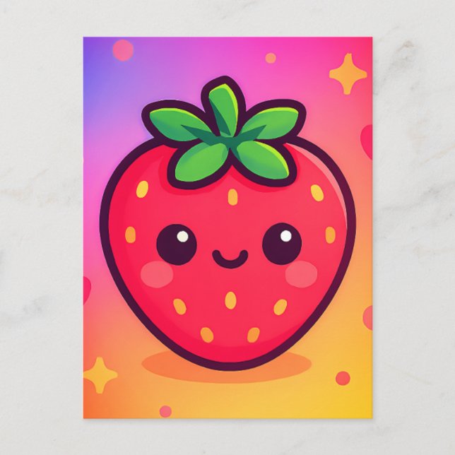 Carte Postale Fraise Kawaii souriante sur Pastel Gradient Backg (Devant)