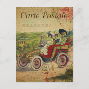 Carte postale française vintage, voiture rétro