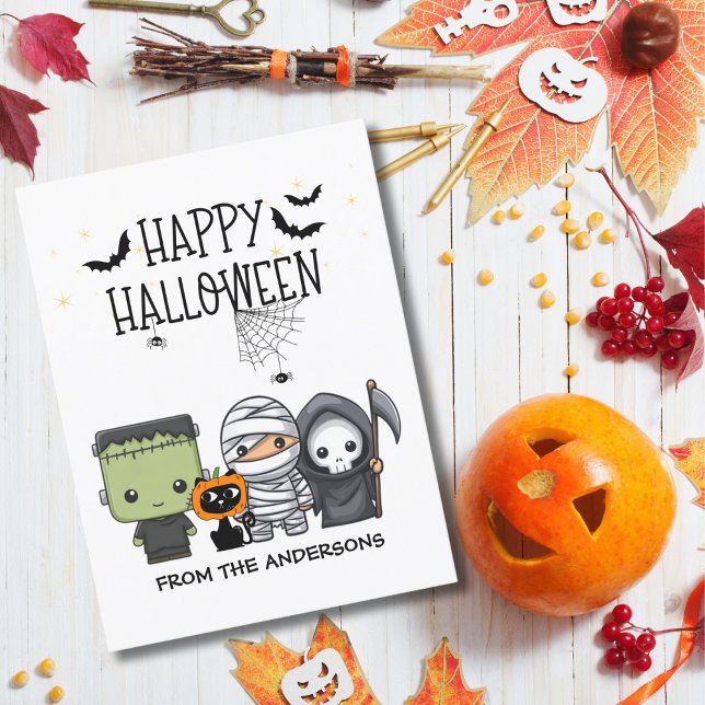 Carte Postale Frankenstein Mummy Grim Reaper Cute Chat Halloween (Créateur téléchargé)
