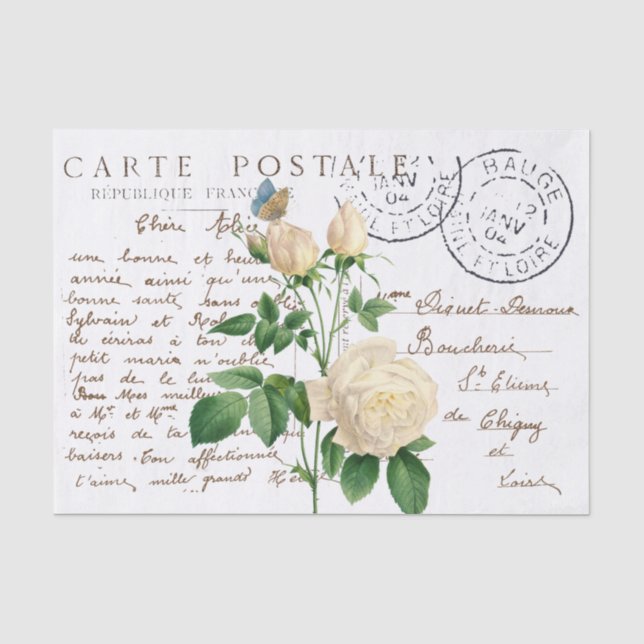 Carte Postale Französische Script Rose Blume Butte Seidenpapier (Vorderseite)