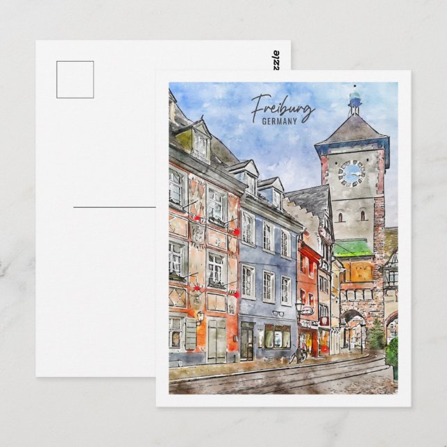 Carte Postale Freiburg Allemagne Travel Place Aquarelle (Devant / Derrière)