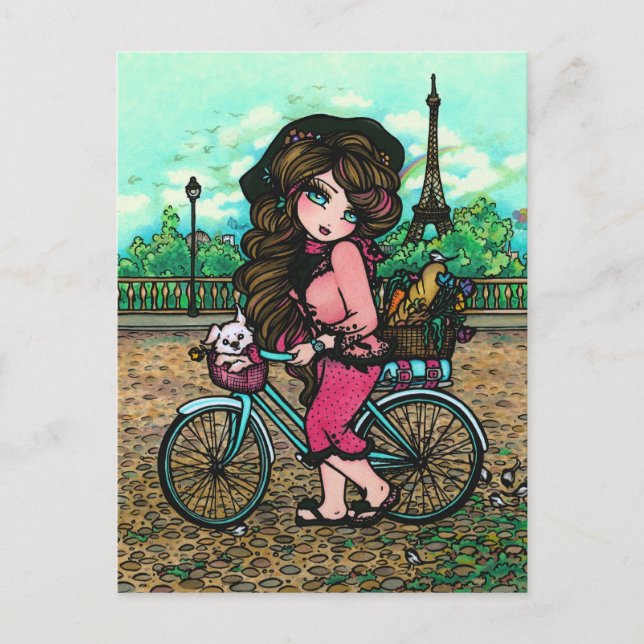 Carte postale French Girl & Puppy Paris Bicycle Ar (Devant)