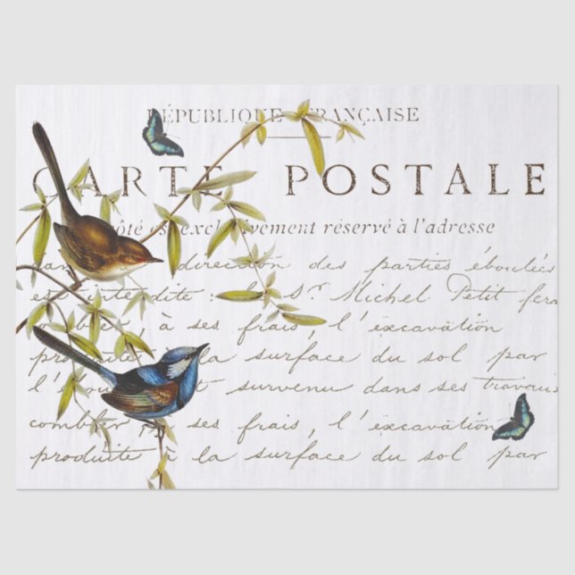 Carte Postale French Script Bird Butterfly Vintag Seidenpapier (Vorderseite)