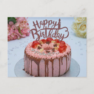 Carte Postale Fresh Joyeux gâteau d'anniversaire blanc fleur de