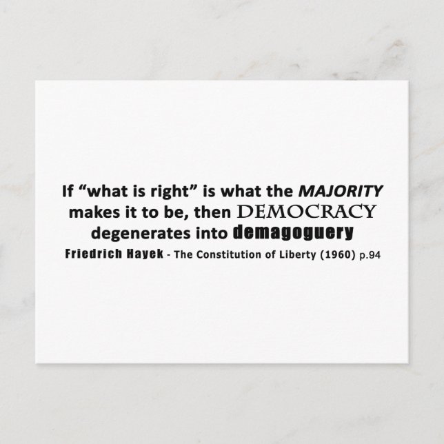 Carte Postale Friedrich Hayek cite Démocratie et démagogie (Devant)