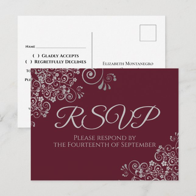 Carte Postale Frills Argent Elégant Mariage Bourgogne RSVP (Devant / Derrière)