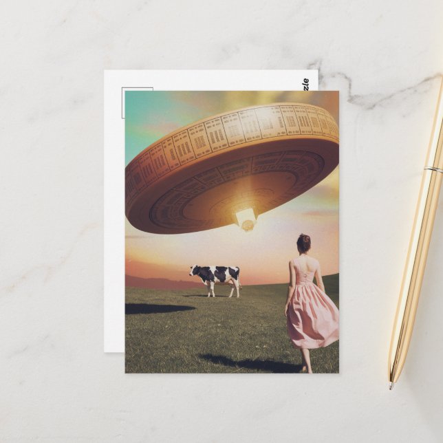Carte Postale Fromage Ufo dans le pâturage laitier (Devant/Arrière en situation)