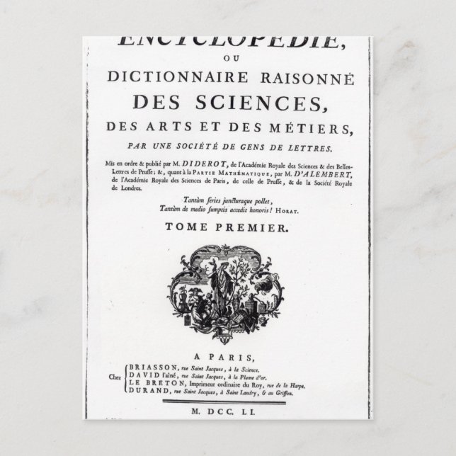 Carte Postale Frontispiece à 'L'Encyclopédie (Devant)