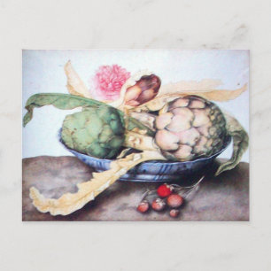 CARTE POSTALE FRUITS DE SAISON 4- ARTICHOKES, ROSE & FRAISES
