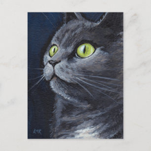 Carte Postale Fumé   Portrait de chat gris bleu vert