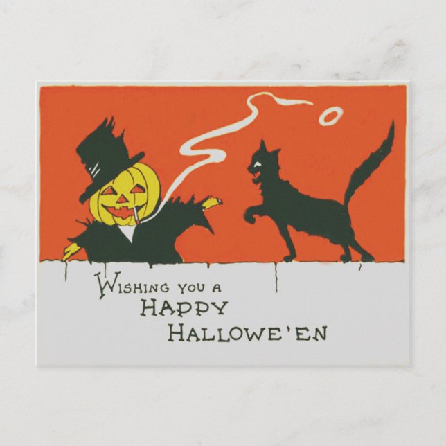 Carte Postale Fumer Écarette Jack O' Lanterne Chat noir (Devant)