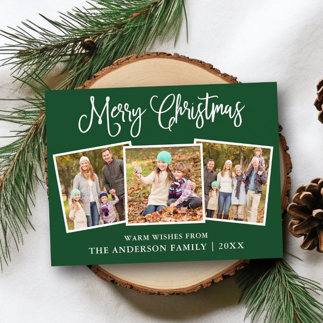 Carte Postale Fun Calligraphie Noël 3 Photos Vert (Customize to change your personalized text size or text style.)