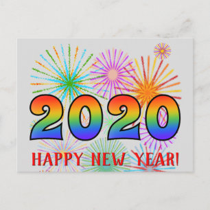 Carte Postale Fun, Rainbow Colors 2020 + "HEUREUX NOUVEL AN !"