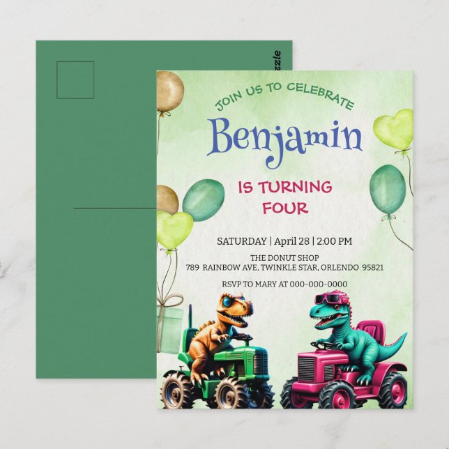Carte Postale Fun Rawr dinosaure tracteur camion ballon Annivers (Devant / Derrière)