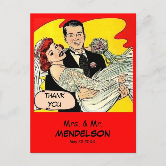 Carte Postale Fun rétro vintage mariage de bande dessinée merci (Devant)