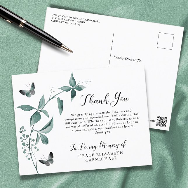 Carte Postale Funeral Thank You Butterfly Botanical Greenery (Créateur téléchargé)